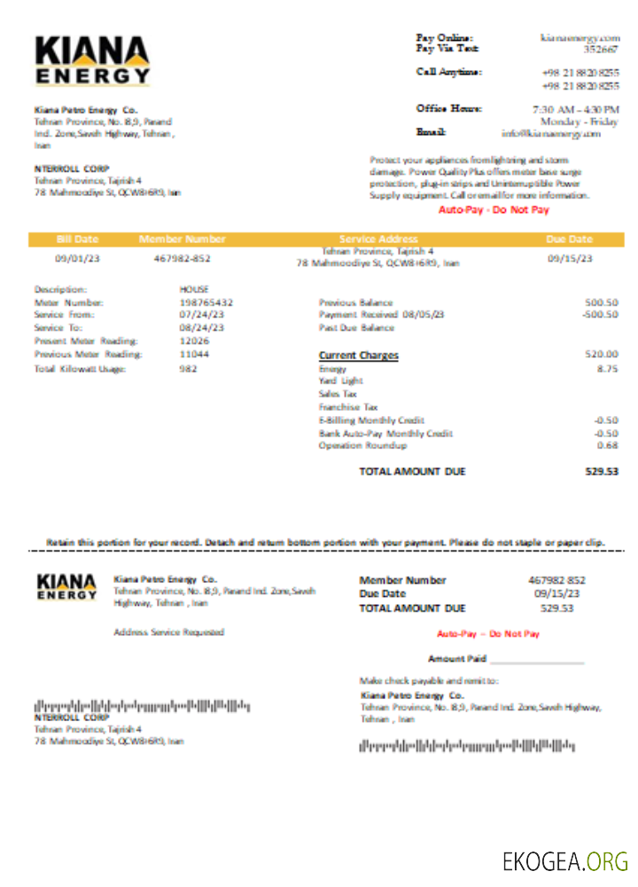 Facture commerciale de services publics de Kiana Petro Energy Co, SCR